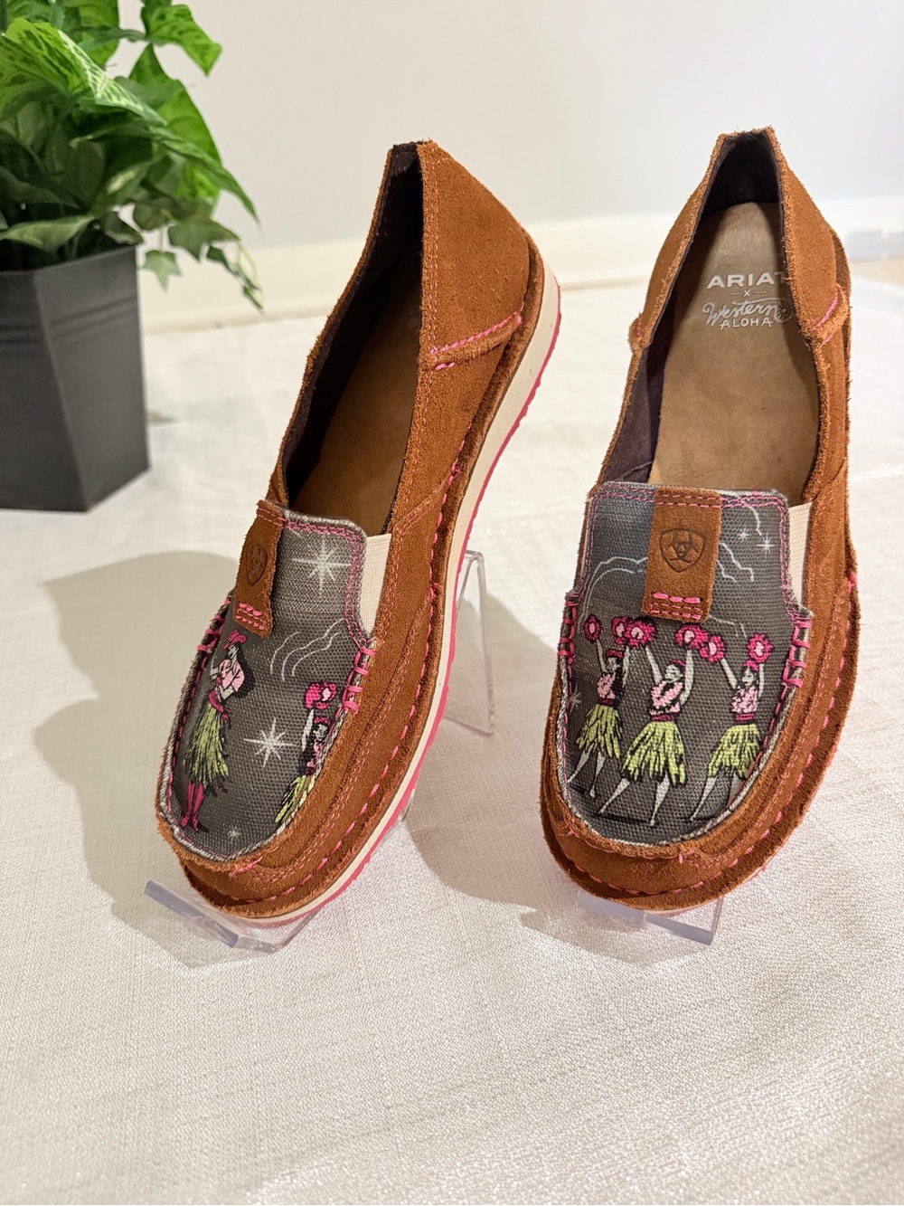 Roxy Brown Suede Moccasins with Pink and Gray Hula Print